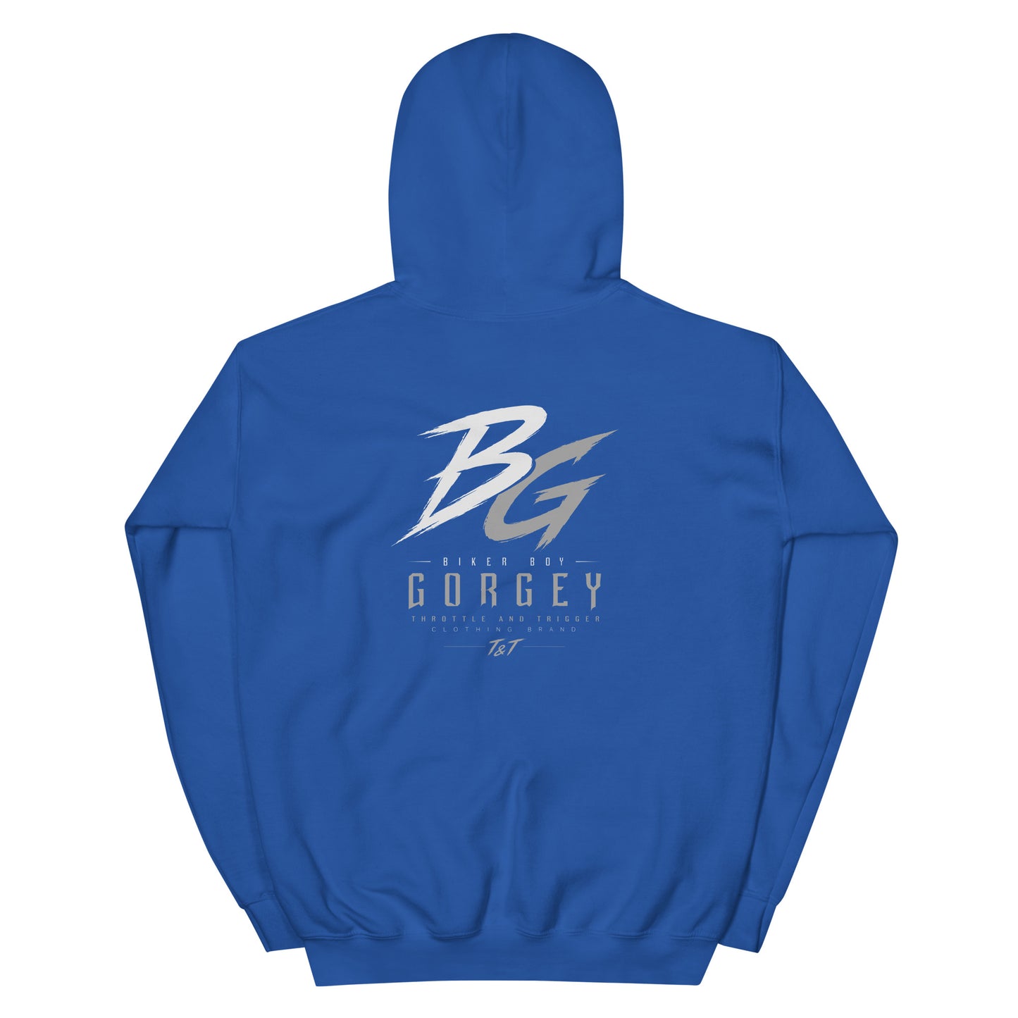 Unisex royal blue hoodie with large BG logo and GORGEY text on back