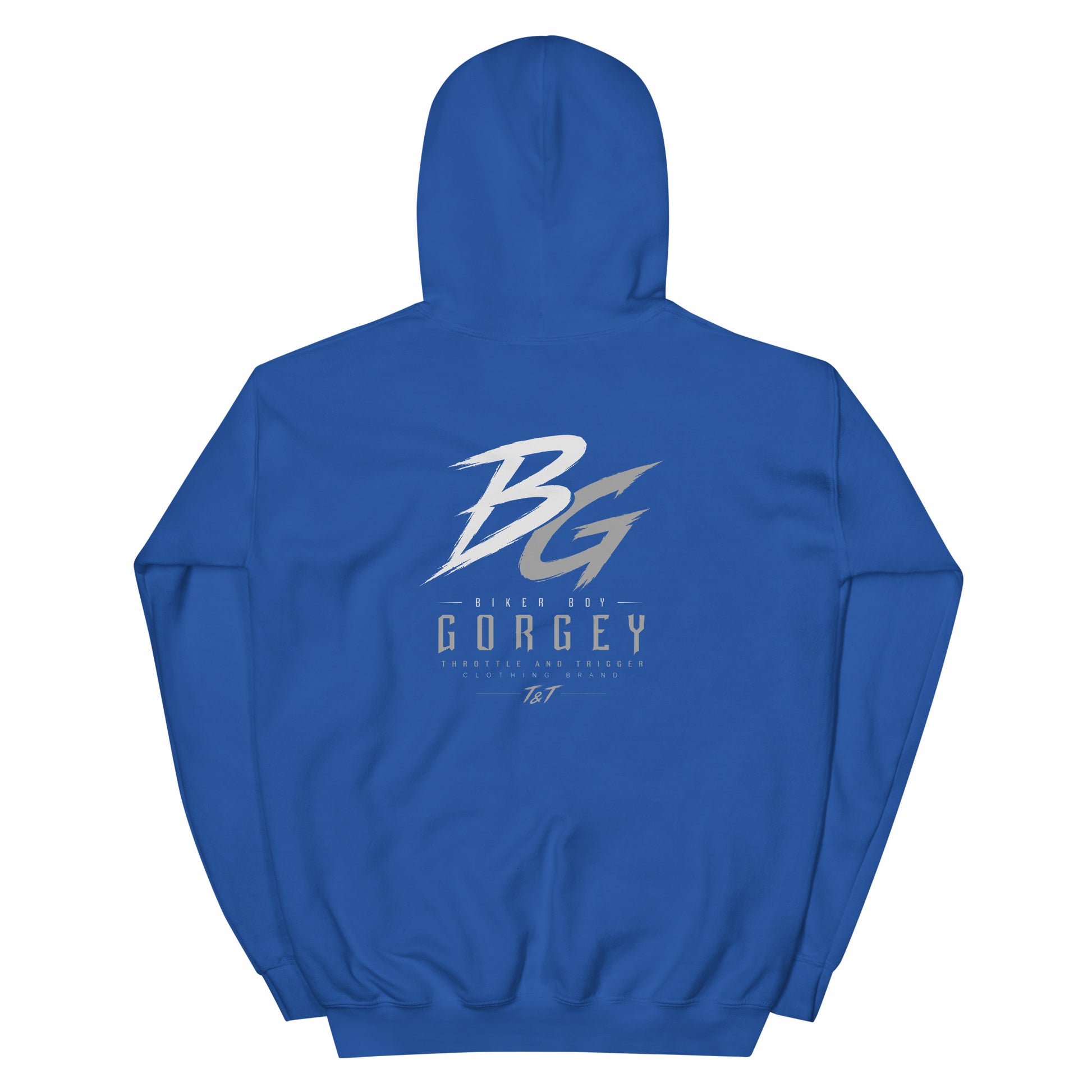 Unisex royal blue hoodie with large BG logo and GORGEY text on back