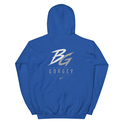 Unisex royal blue hoodie with large BG logo and GORGEY text on back
