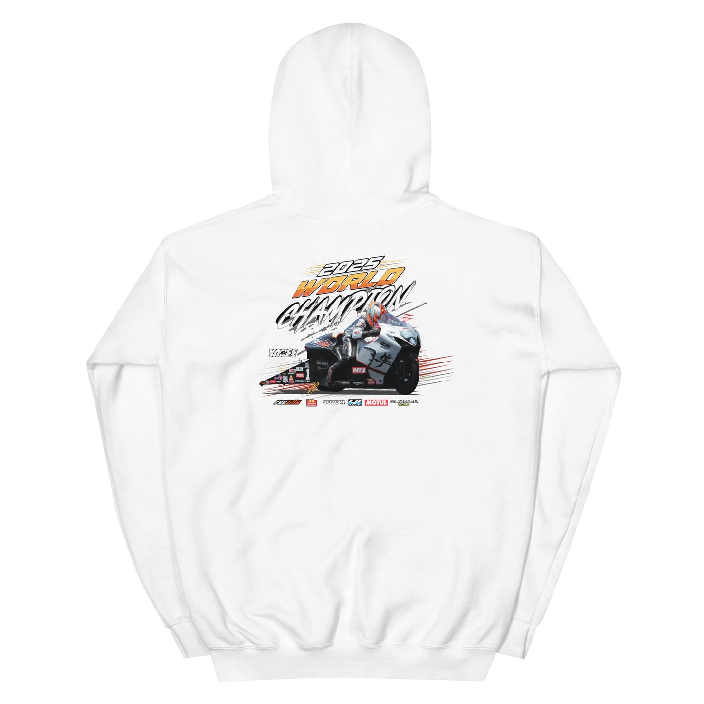 White hoodie with back racing graphic print and kangaroo pocket