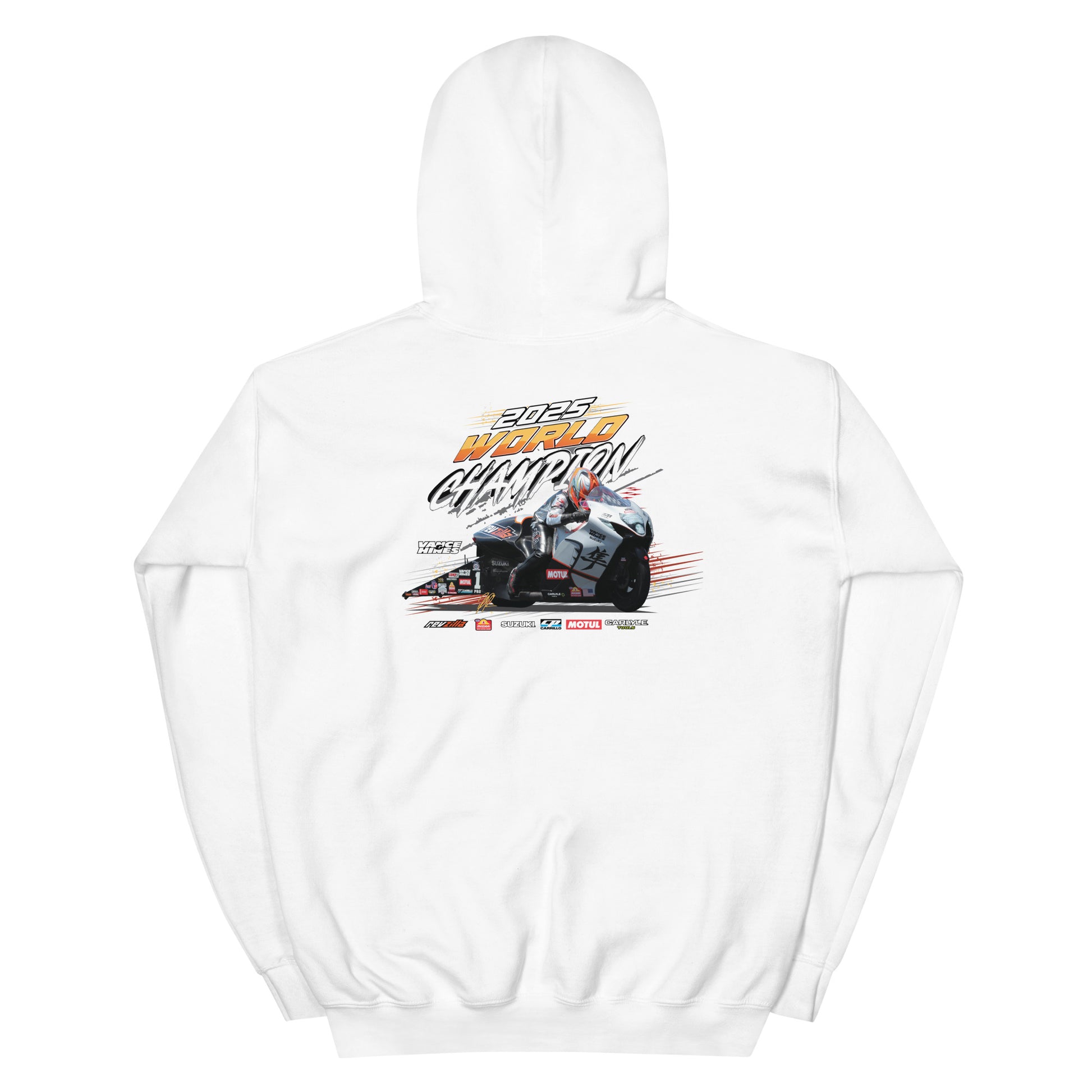 White hoodie with back racing graphic print and kangaroo pocket