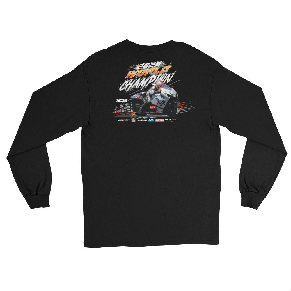 Black long-sleeve championship shirt with large back graphic print