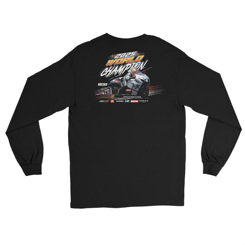 Black long-sleeve championship shirt with large back graphic print