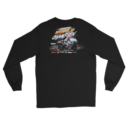 Black long-sleeve championship shirt with large back graphic print