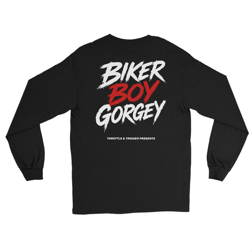 Black unisex long-sleeve shirt, back print “BIKER BOY GORGE” graphic