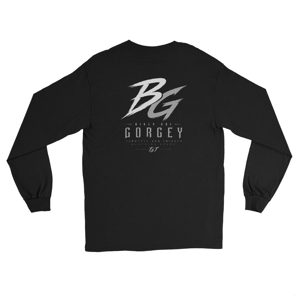 Black unisex long-sleeve shirt, back large BG logo with GORGEY text
