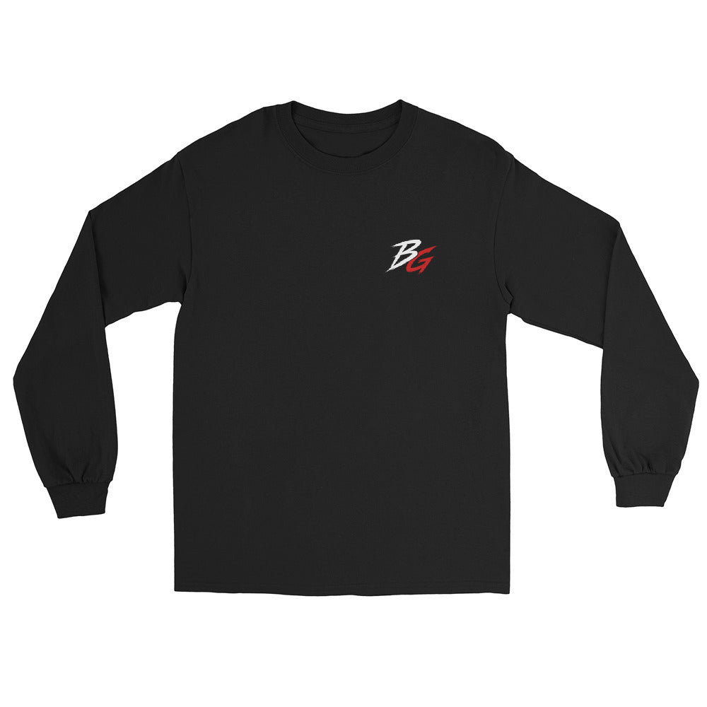 Black unisex long-sleeve shirt, front small stylized “B” logo