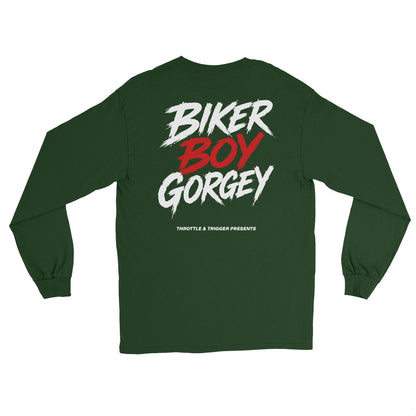 Forest green unisex long-sleeve shirt, back print “BIKER BOY GORGE” graphic
