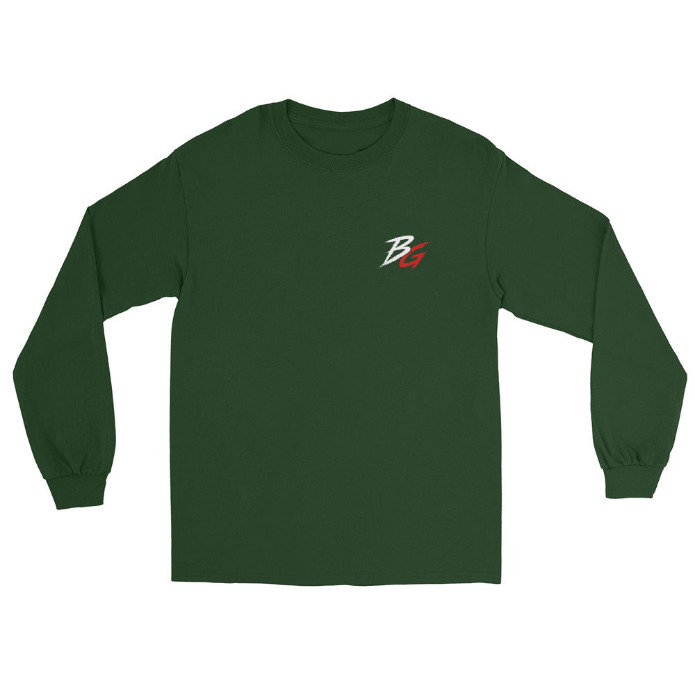 Forest green unisex long-sleeve shirt, front small stylized “B” logo