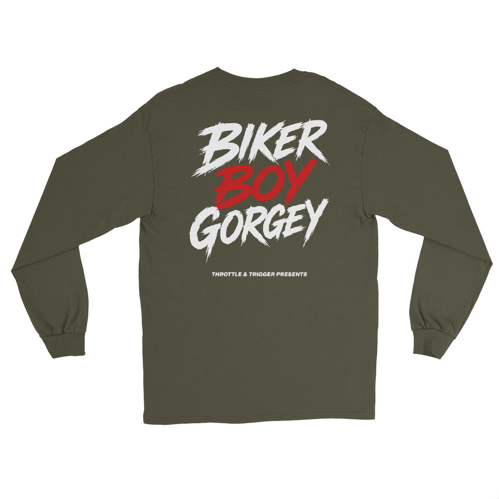 Military green unisex long-sleeve shirt, back print “BIKER BOY GORGE” graphic