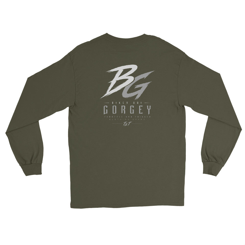 Military green unisex long-sleeve shirt, back large BG logo with GORGEY text
