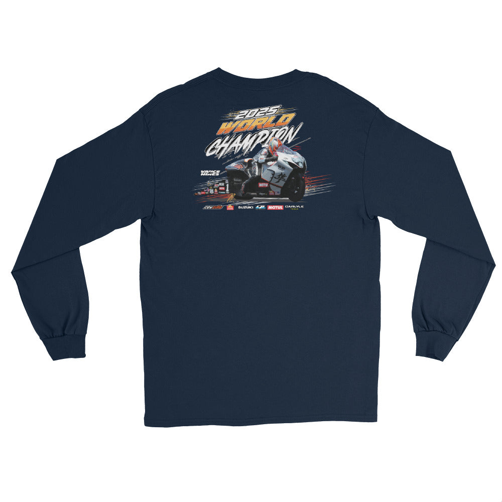 Navy long-sleeve championship shirt with large back graphic print