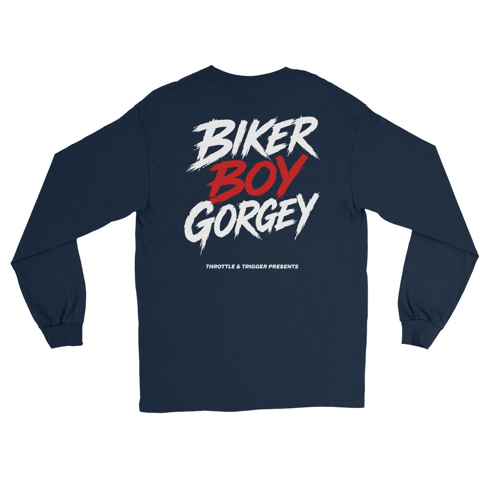 Navy unisex long-sleeve shirt, back print “BIKER BOY GORGE” graphic