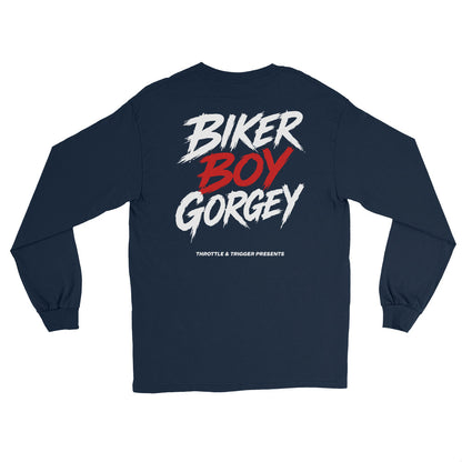 Navy unisex long-sleeve shirt, back print “BIKER BOY GORGE” graphic