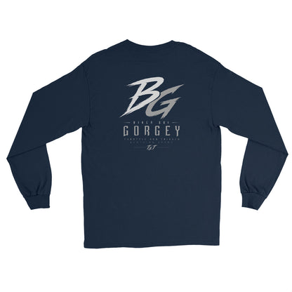 Navy unisex long-sleeve shirt, back large BG logo with GORGEY text