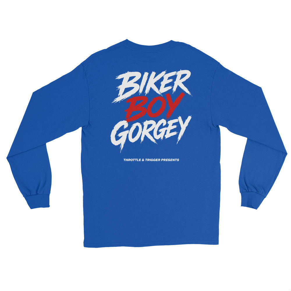 Royal blue unisex long-sleeve shirt, back print “BIKER BOY GORGE” graphic