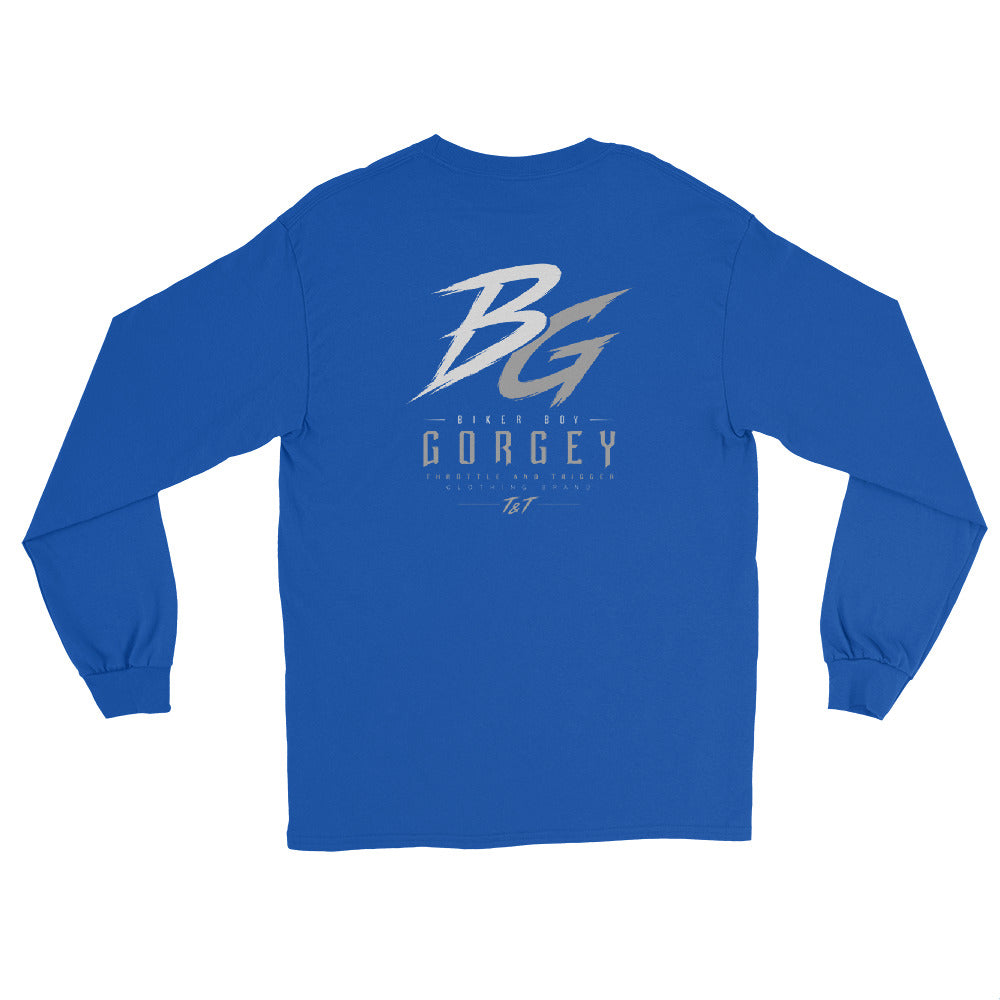 Royal blue unisex long-sleeve shirt, back large BG logo with GORGEY text