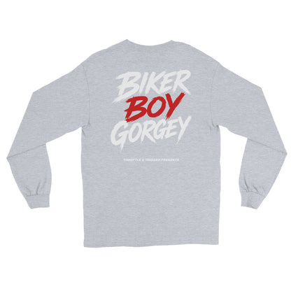 Sport gray unisex long-sleeve shirt, back print “BIKER BOY GORGE” graphic