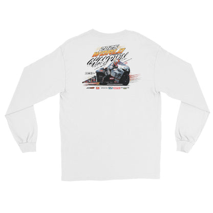 White long-sleeve championship shirt with large back graphic print