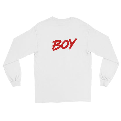 White unisex long-sleeve shirt, back print “BOY” graphic