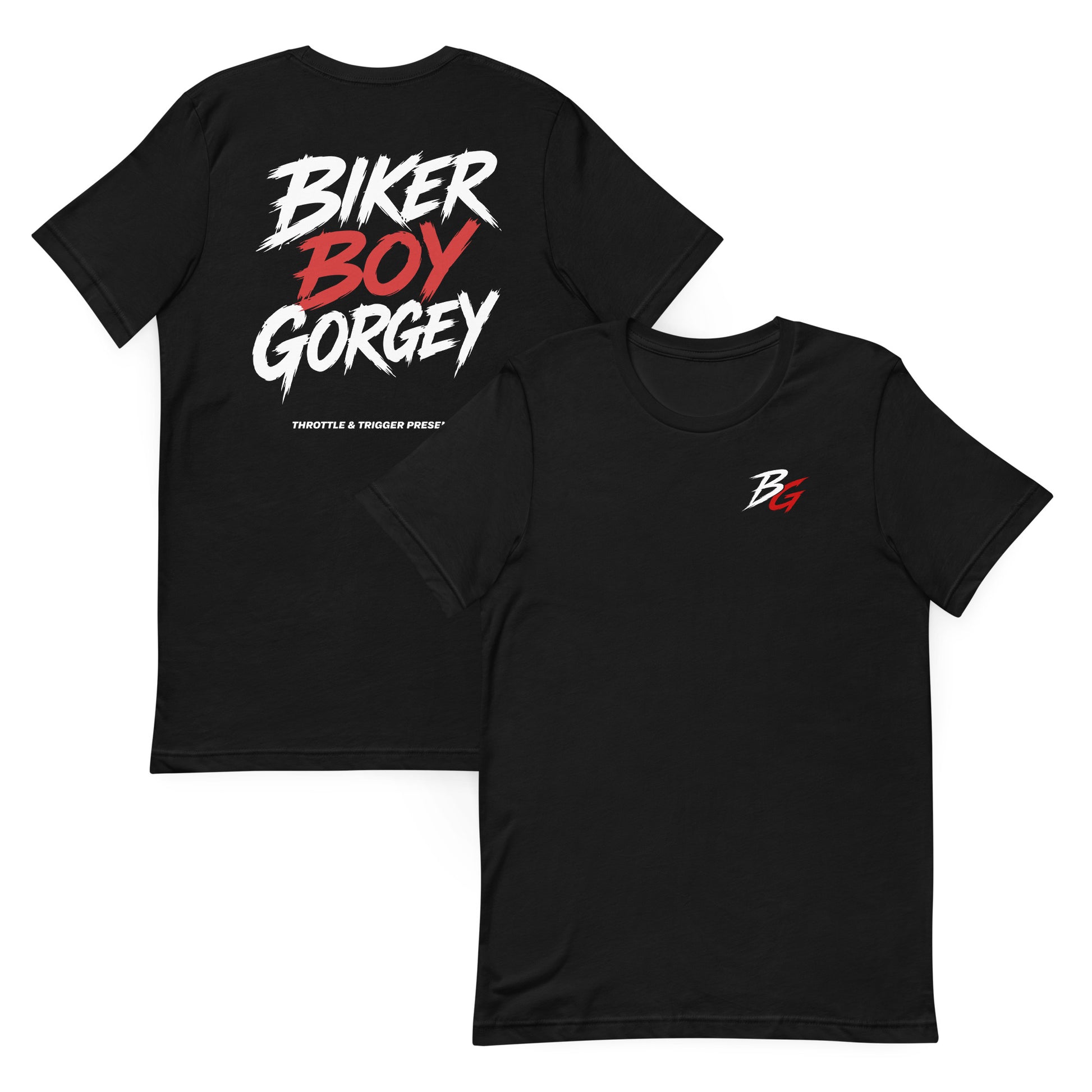 Black T-shirt set with biker boy gorgey graphic, crew neck, short sleeves.