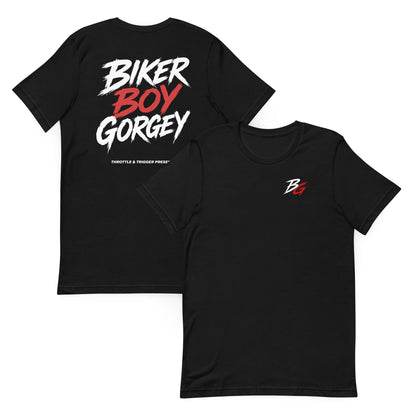 Black T-shirt set with biker boy gorgey graphic, crew neck, short sleeves.
