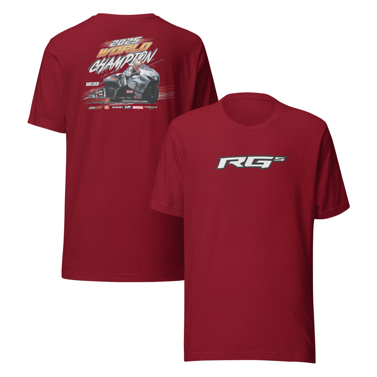 RG5 Championship T-shirt, cardinal red; back race graphic and front RG5 logo print.