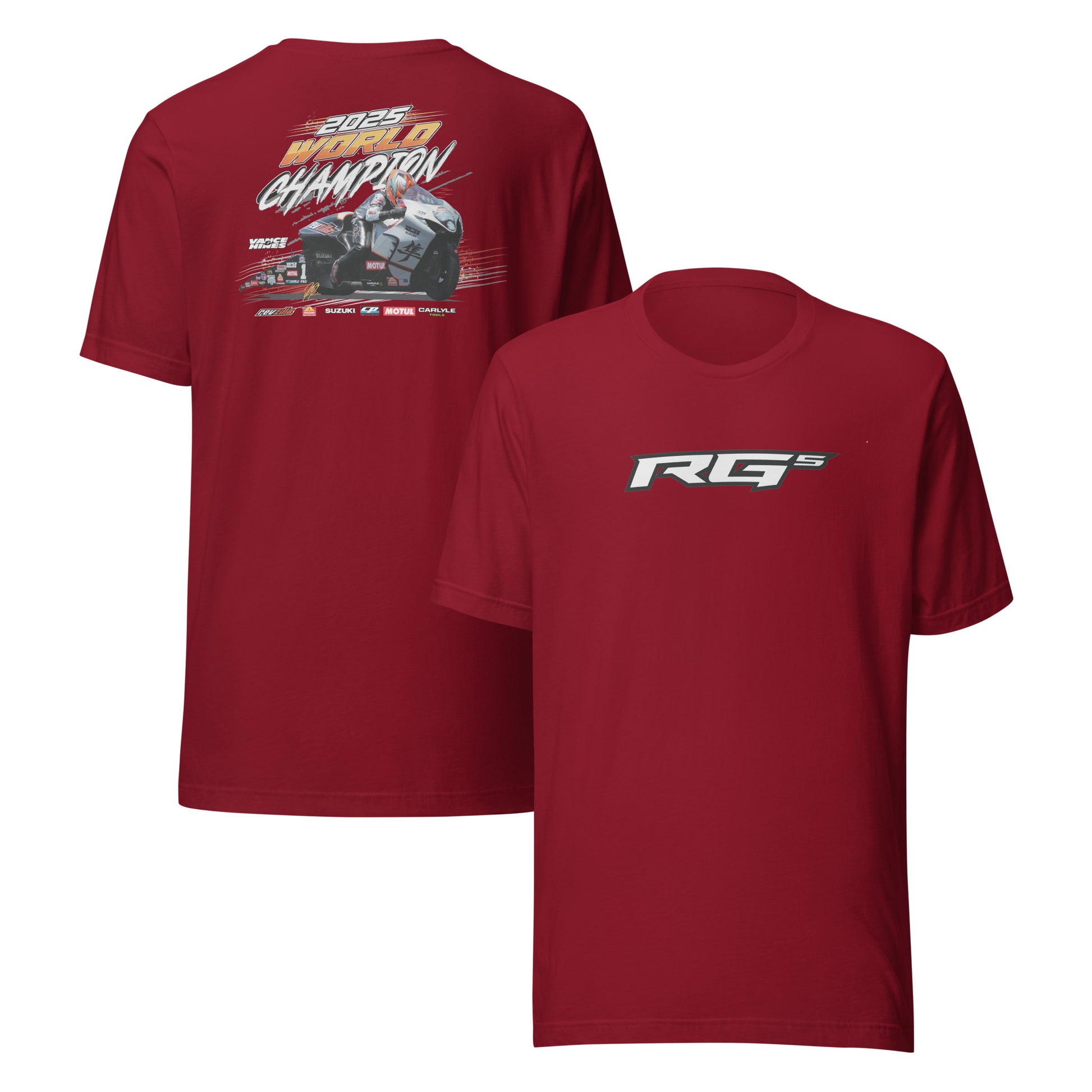 RG5 Championship T-shirt, cardinal red; back race graphic and front RG5 logo print.