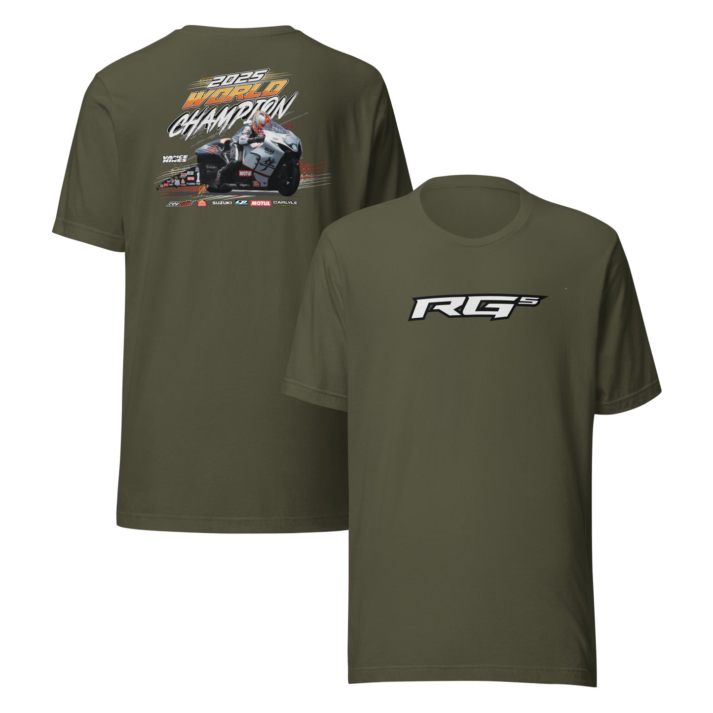 RG5 Championship T-shirt, military green; back race graphic and front RG5 logo print.