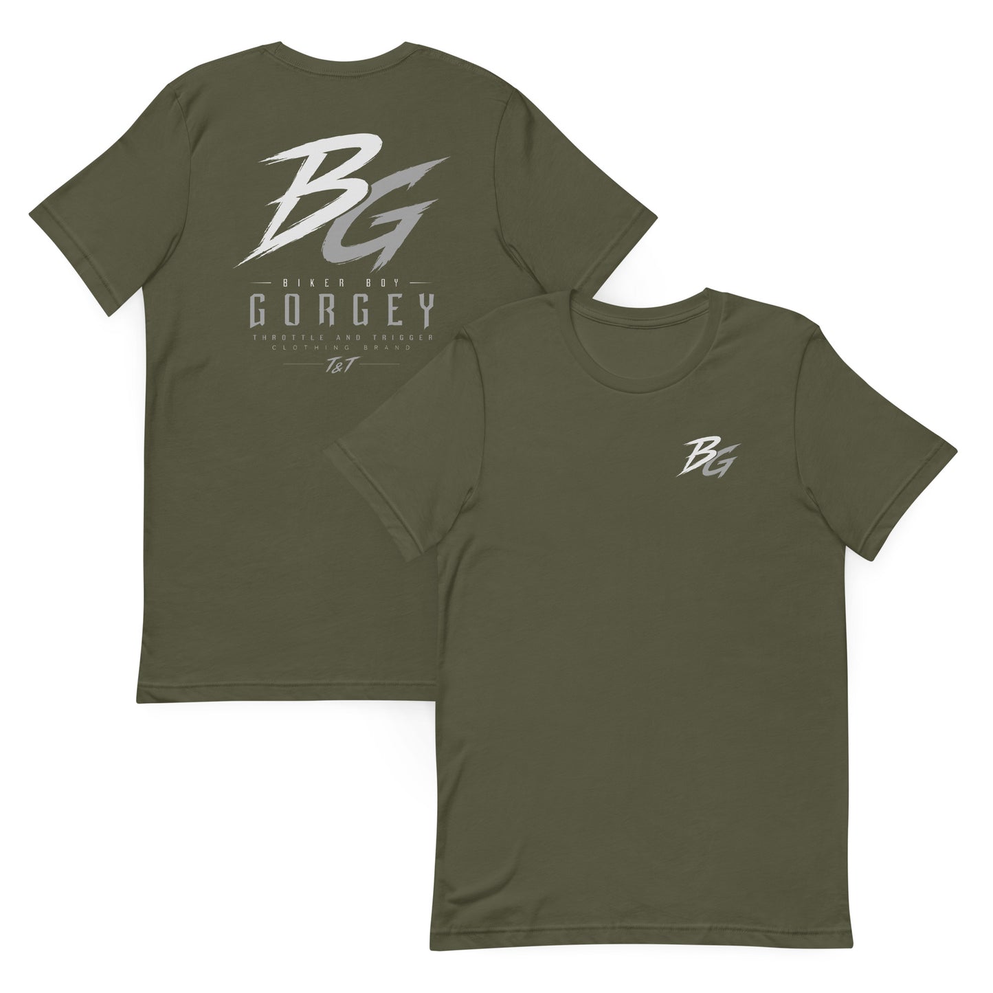 Military green short-sleeve T-shirt with BG logo front graphic print