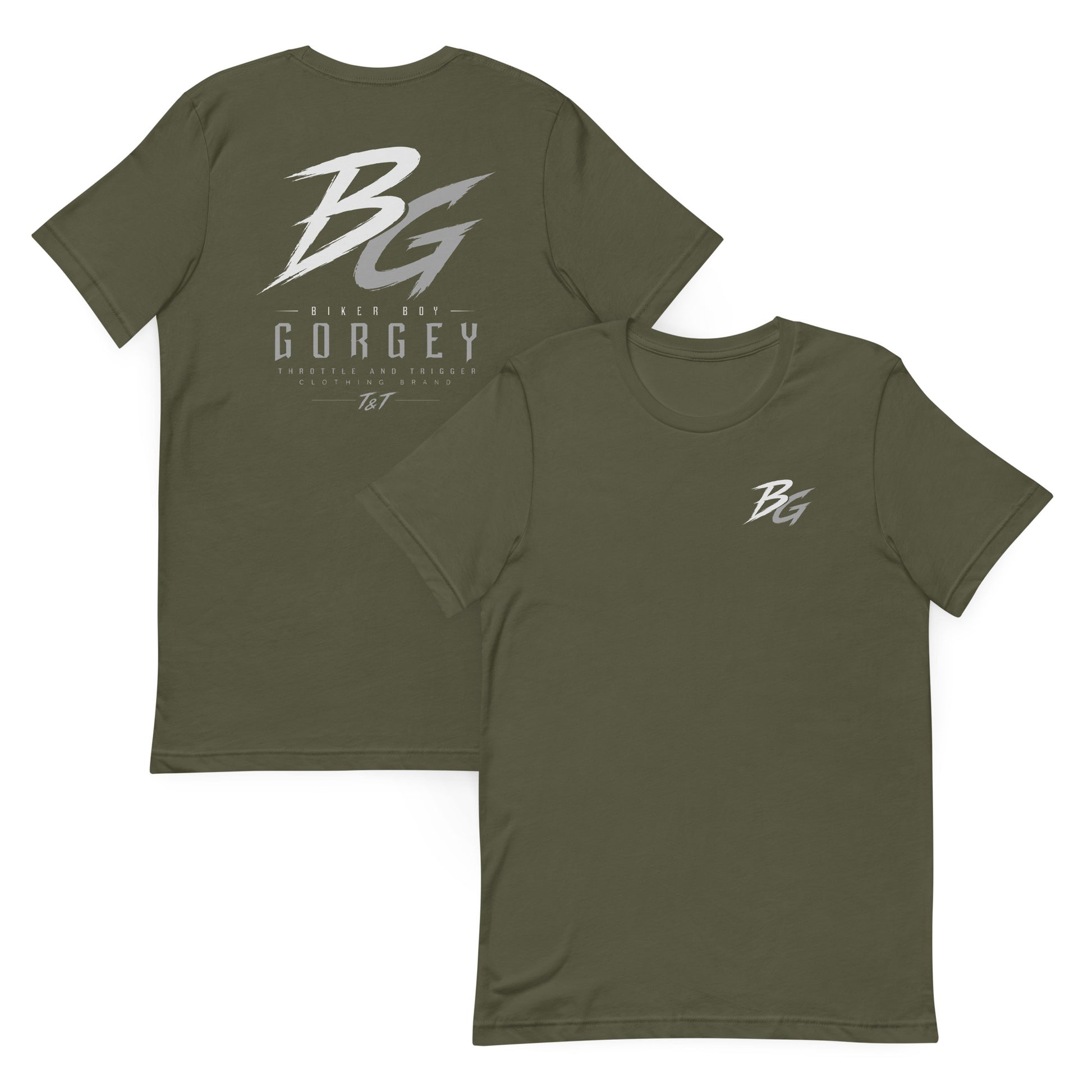 Military green short-sleeve T-shirt with BG logo front graphic print