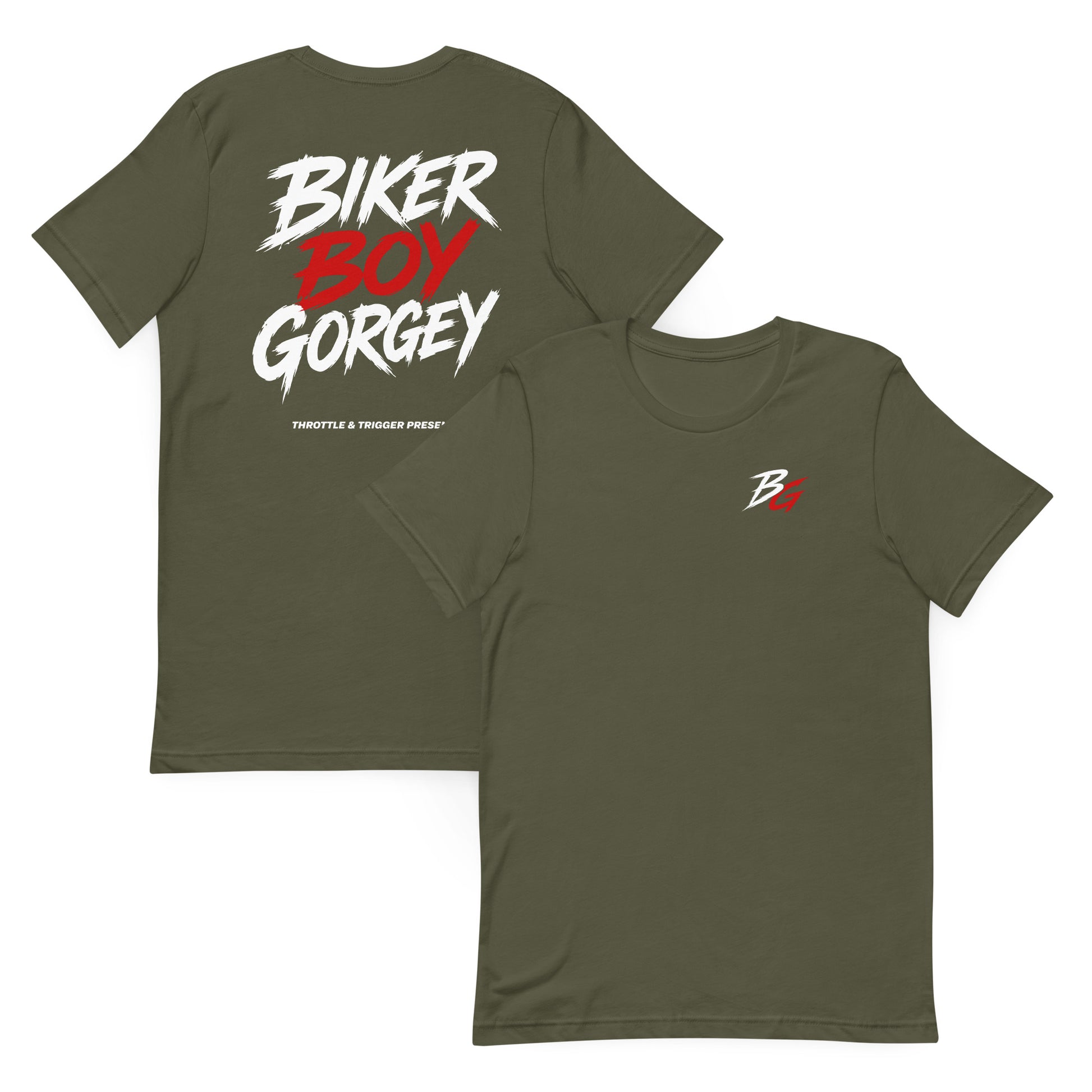 Military green T-shirt set with biker boy gorgey graphic and small B logo, crew neck.
