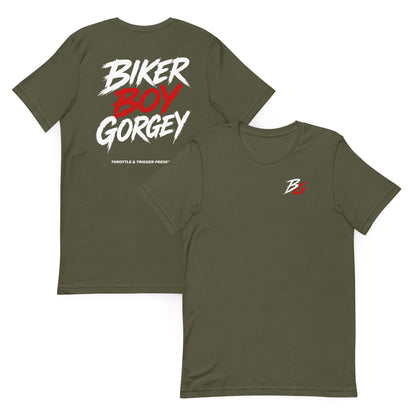Military green T-shirt set with biker boy gorgey graphic and small B logo, crew neck.