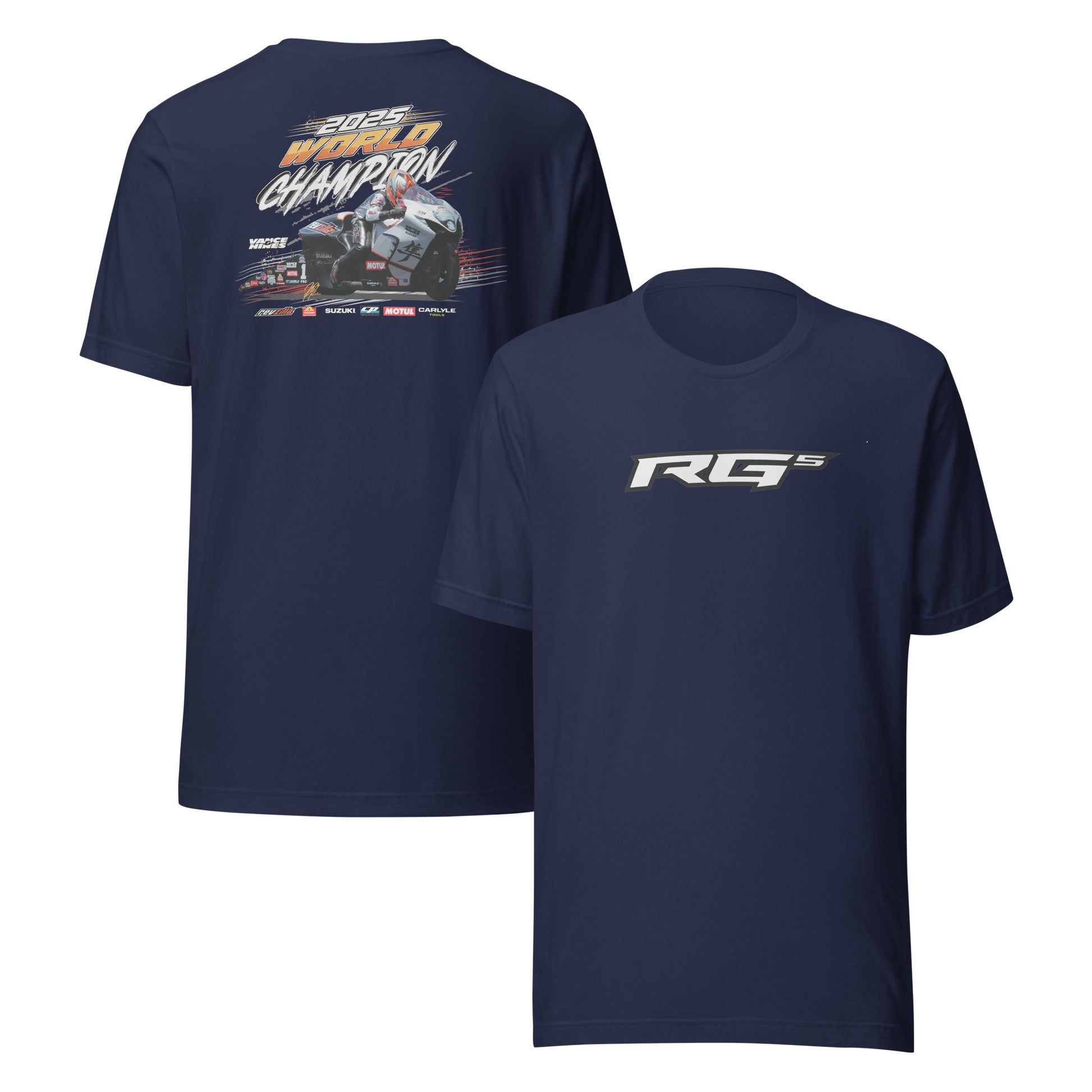 RG5 Championship T-shirt, navy; back race graphic and front RG5 logo print.
