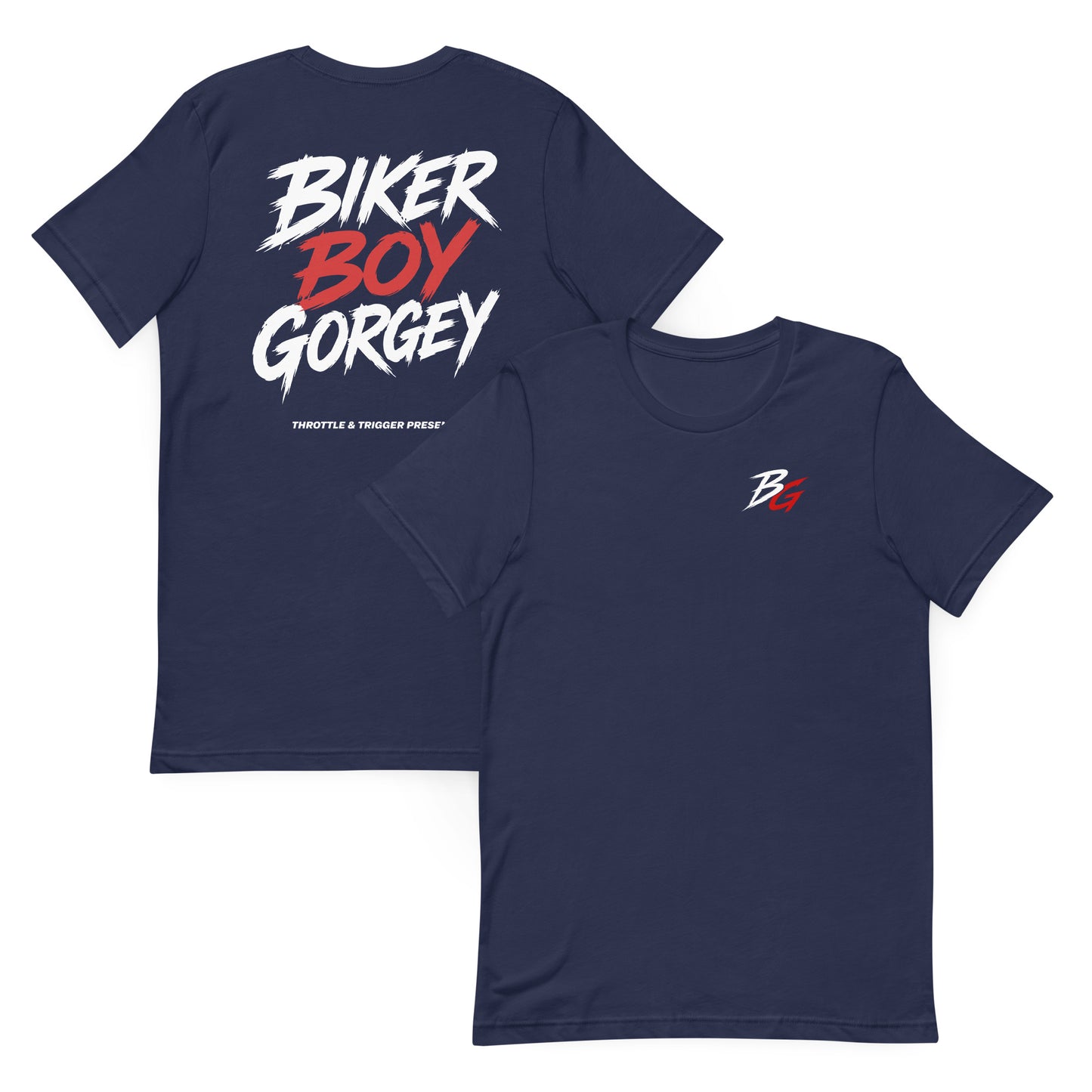 Navy T-shirt set with biker boy gorgey text graphic and small B logo, crew neck.