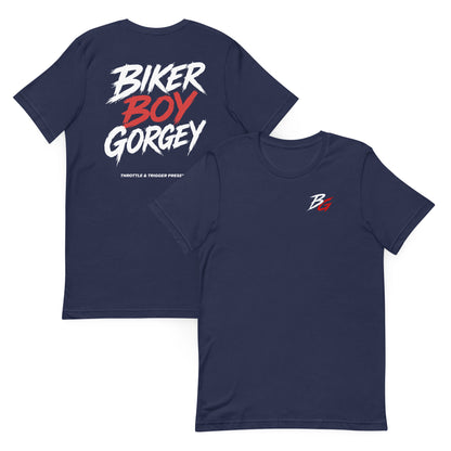 Navy T-shirt set with biker boy gorgey text graphic and small B logo, crew neck.