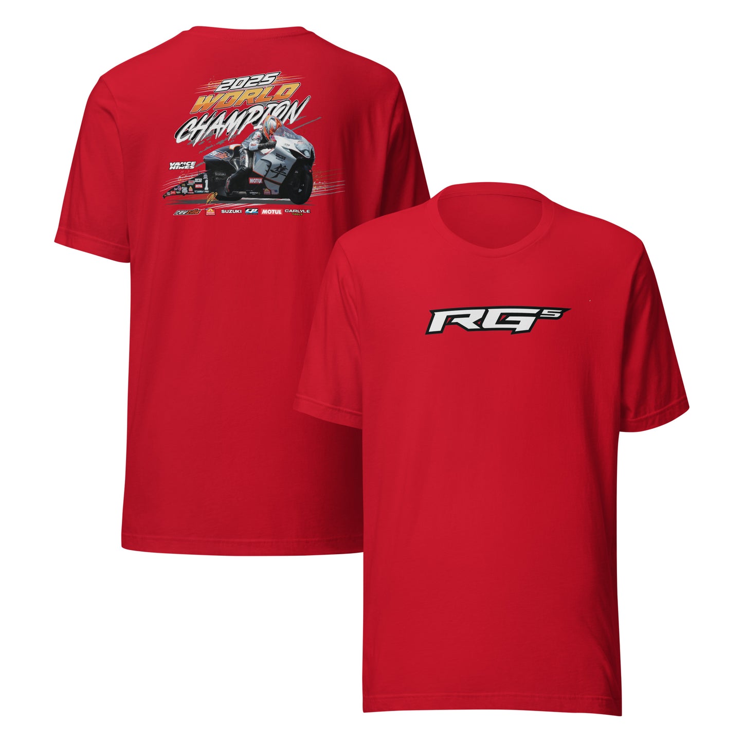 RG5 Championship T-shirt, red; back race graphic and front RG5 logo print.