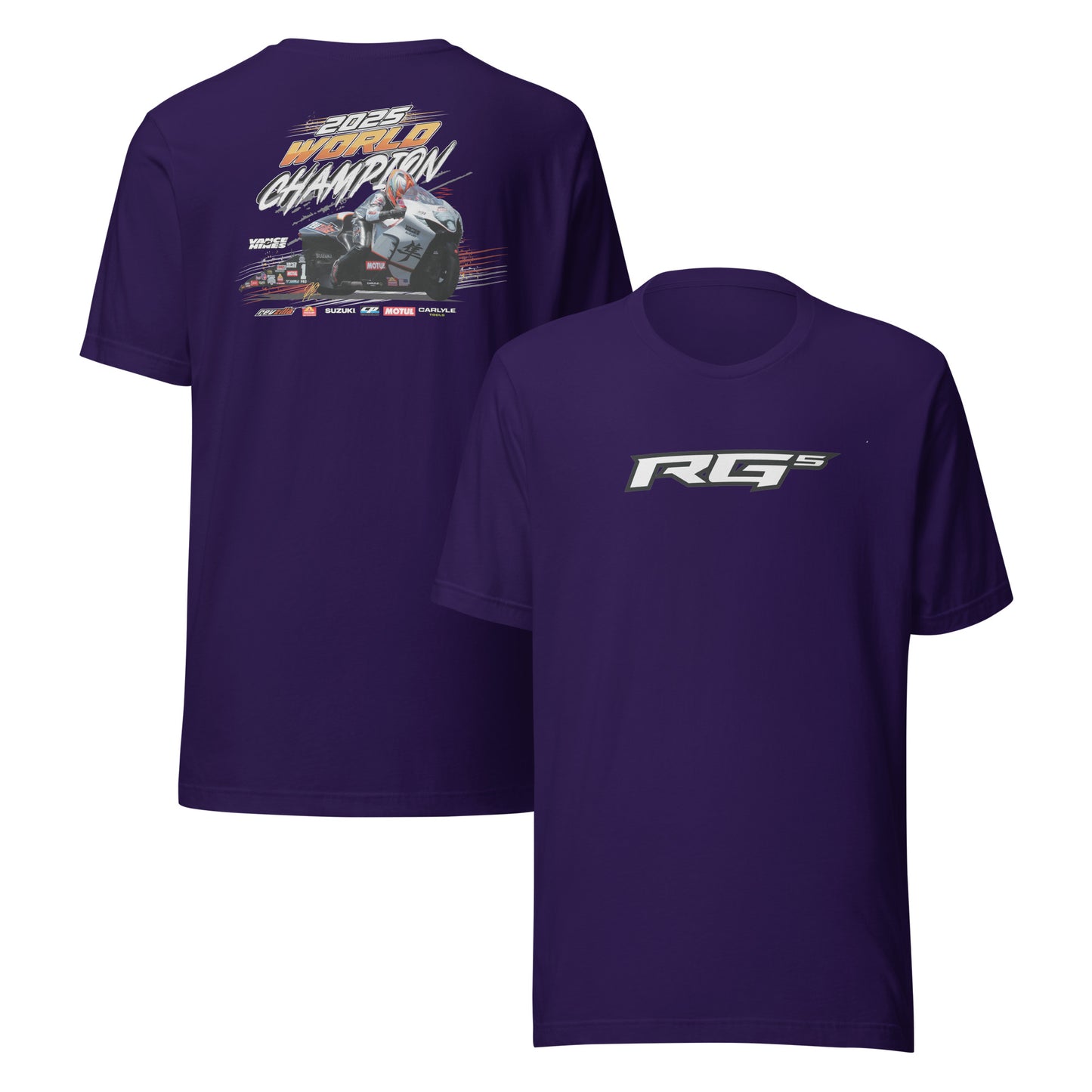 RG5 Championship T-shirt, team purple; back race graphic and front RG5 logo print.