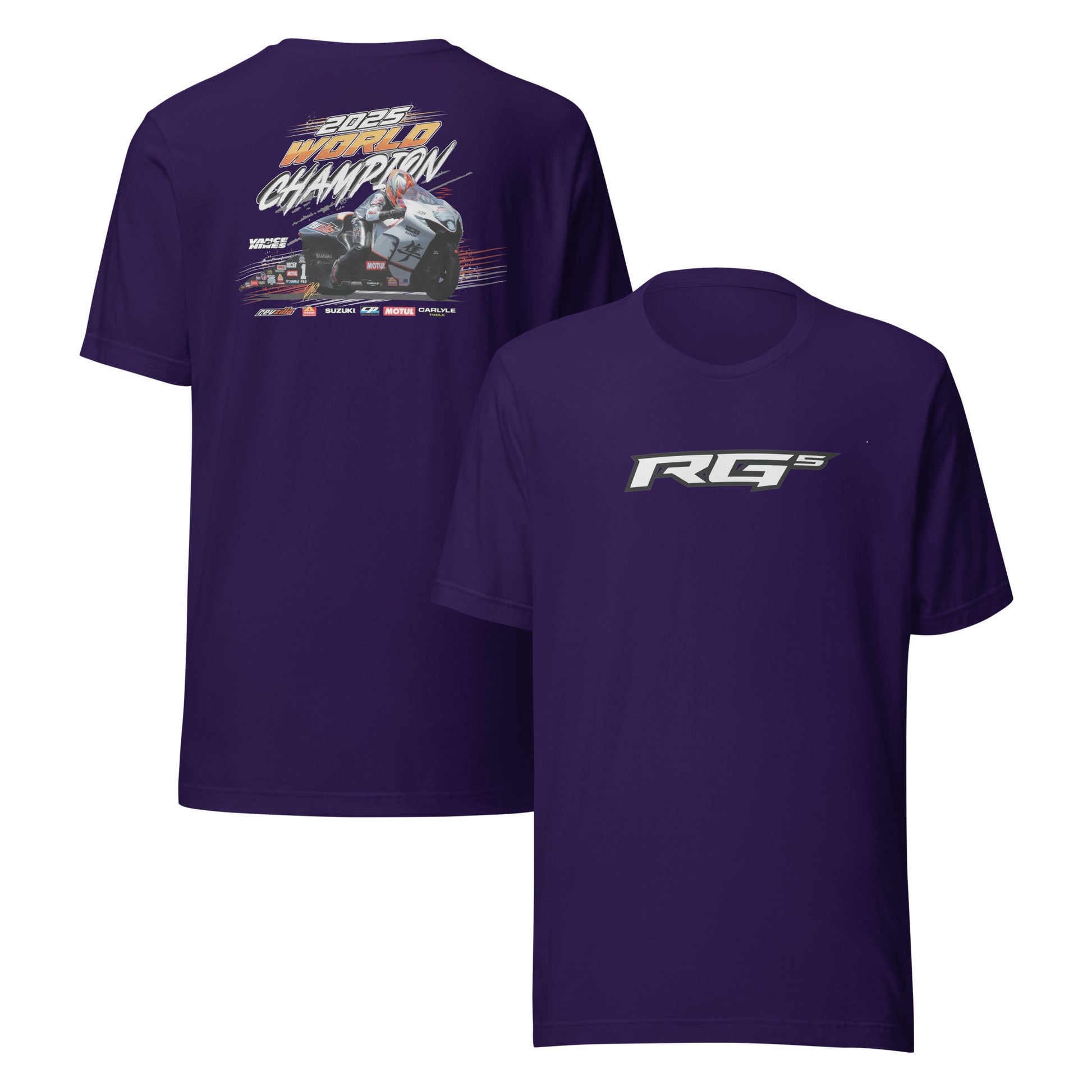 RG5 Championship T-shirt, team purple; back race graphic and front RG5 logo print.