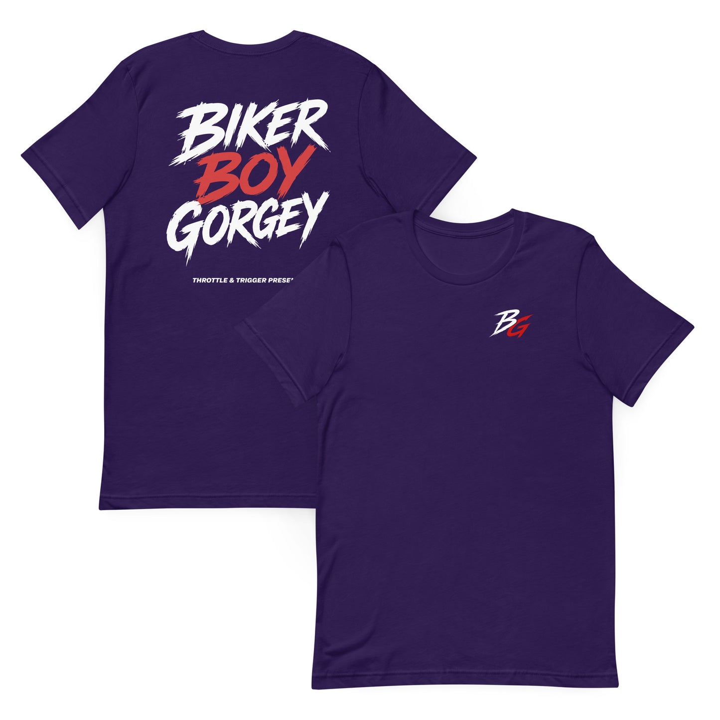 Team Purple T-shirt set with biker boy gorgey graphic and small B logo, crew neck.
