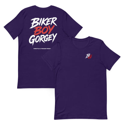 Team Purple T-shirt set with biker boy gorgey graphic and small B logo, crew neck.