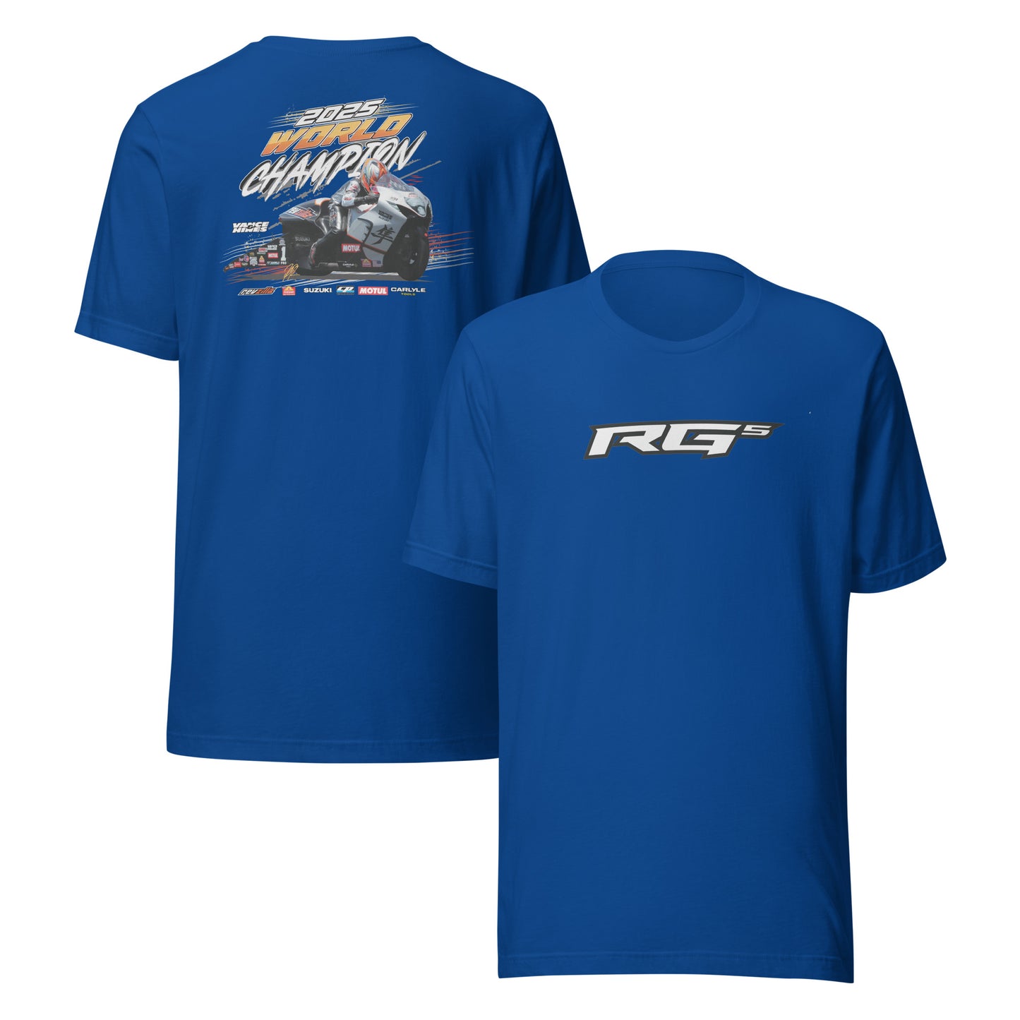 RG5 Championship T-shirt, true royal blue; back race graphic and front RG5 logo print.