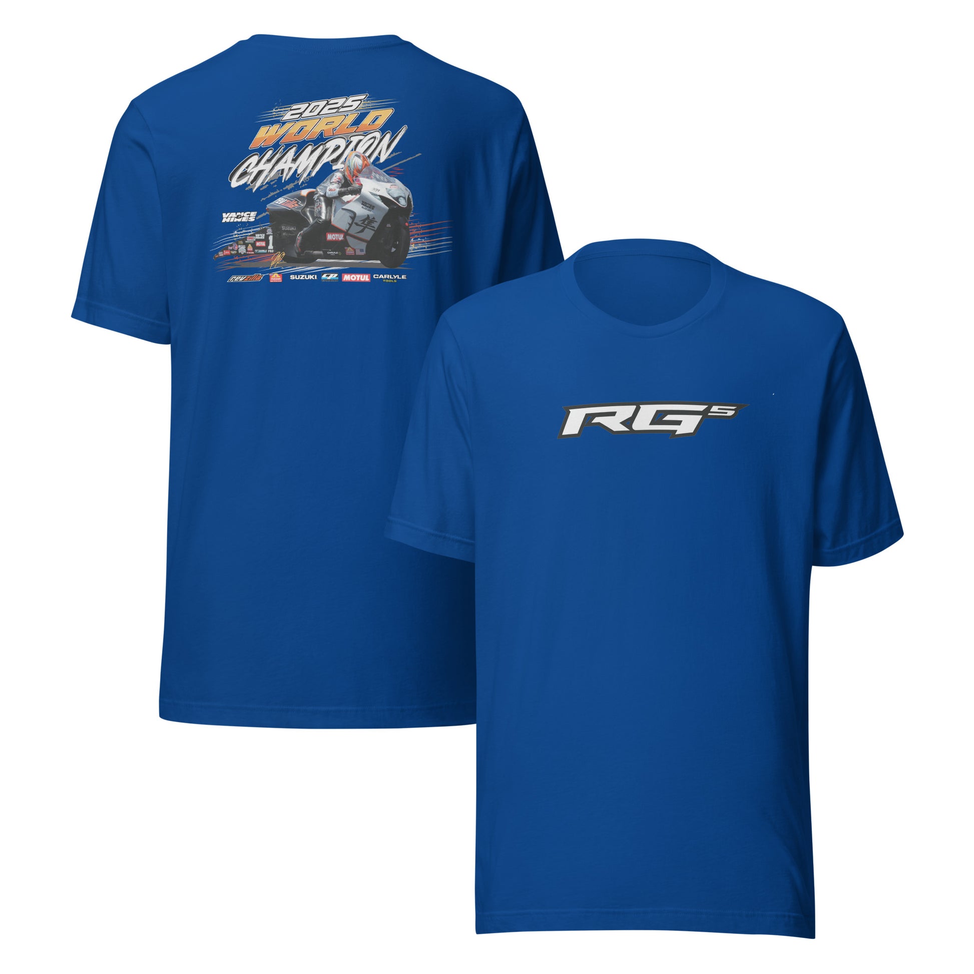 RG5 Championship T-shirt, true royal blue; back race graphic and front RG5 logo print.