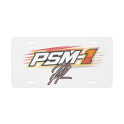 White vanity license plate with colorful racing logo and signature; four mounting holes