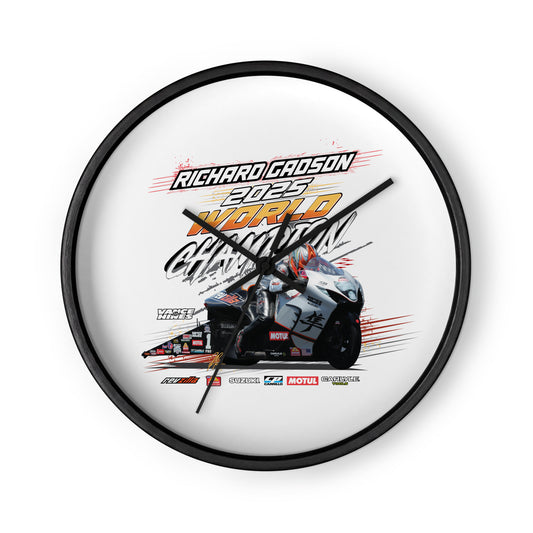 Round racing wall clock with black bezel and motorsport graphic face