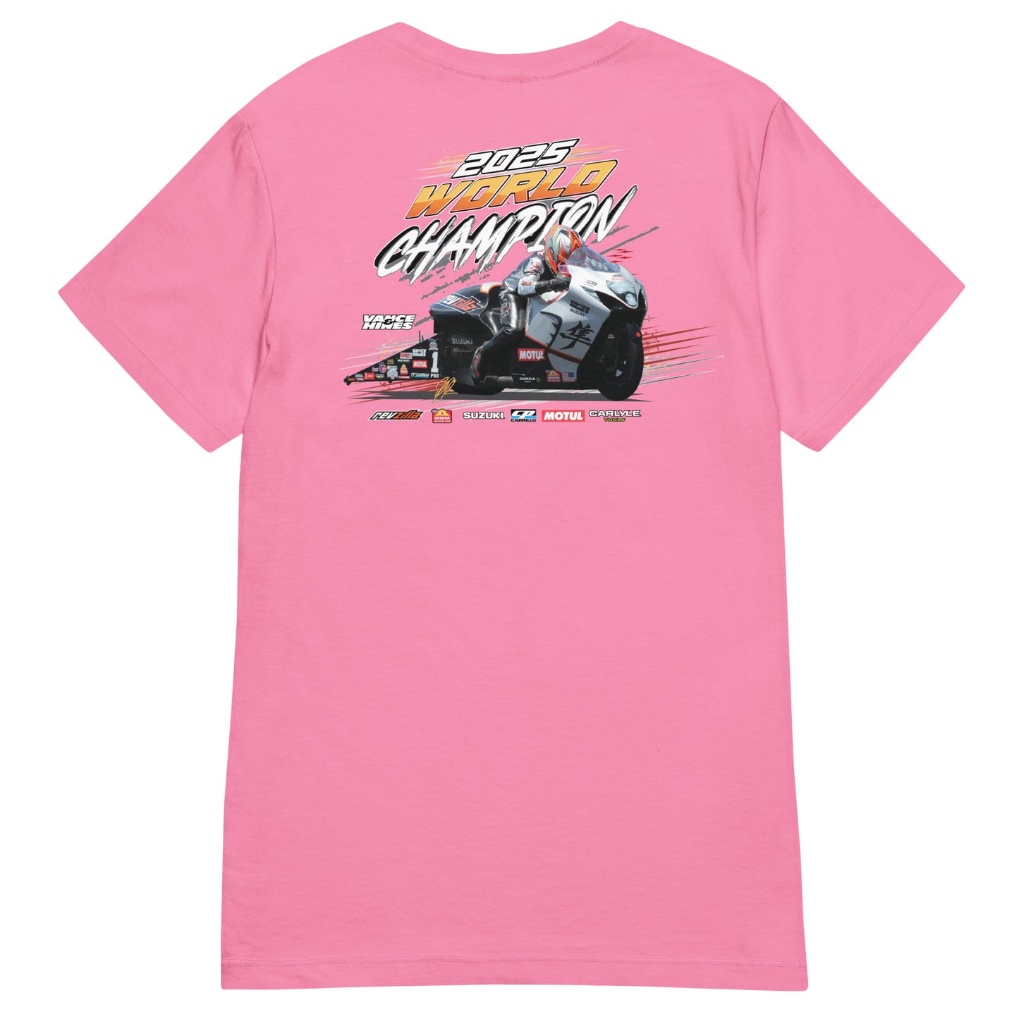 Women’s pink T-shirt with large motorsport championship graphic on chest