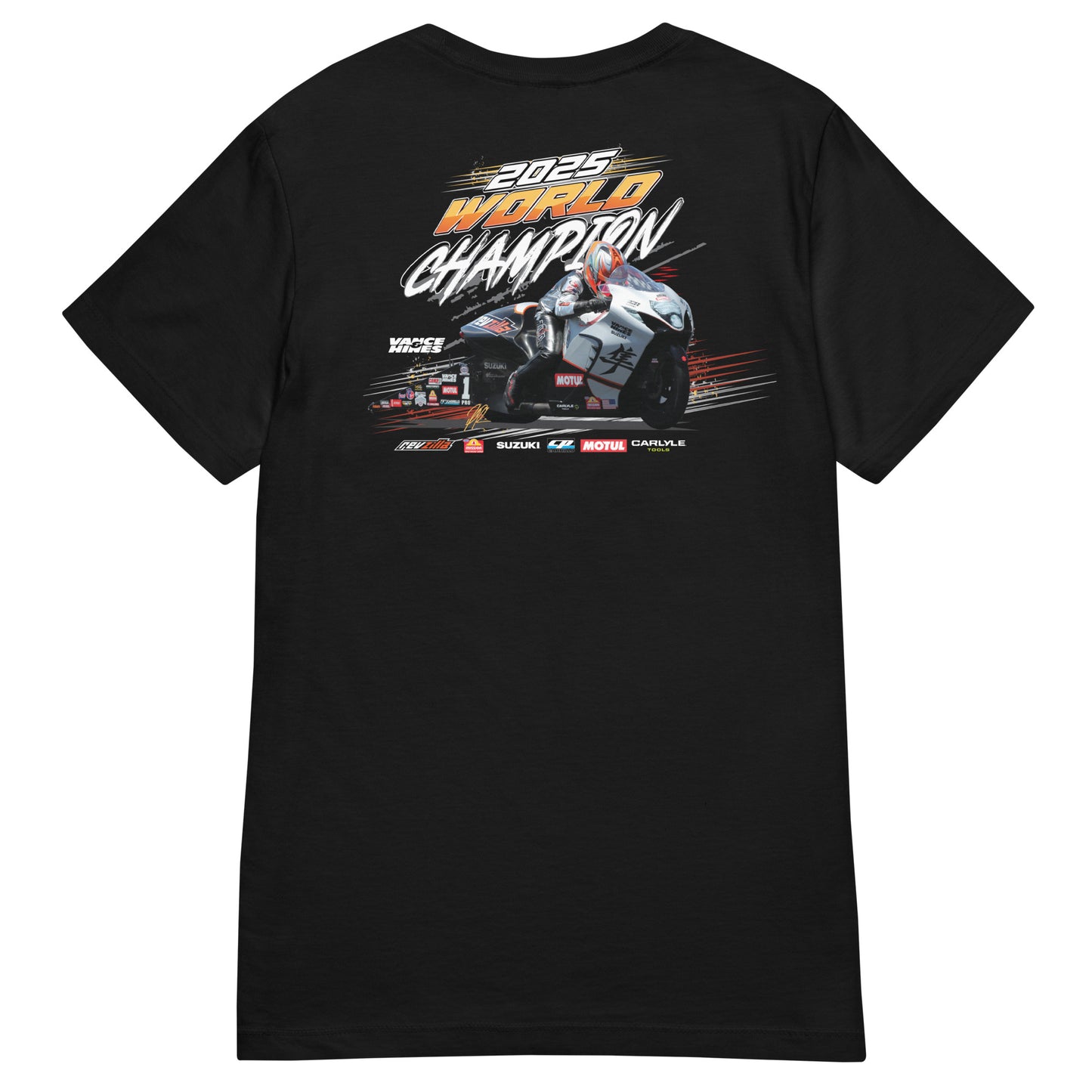 Women’s black T-shirt with large motorsport championship graphic on chest