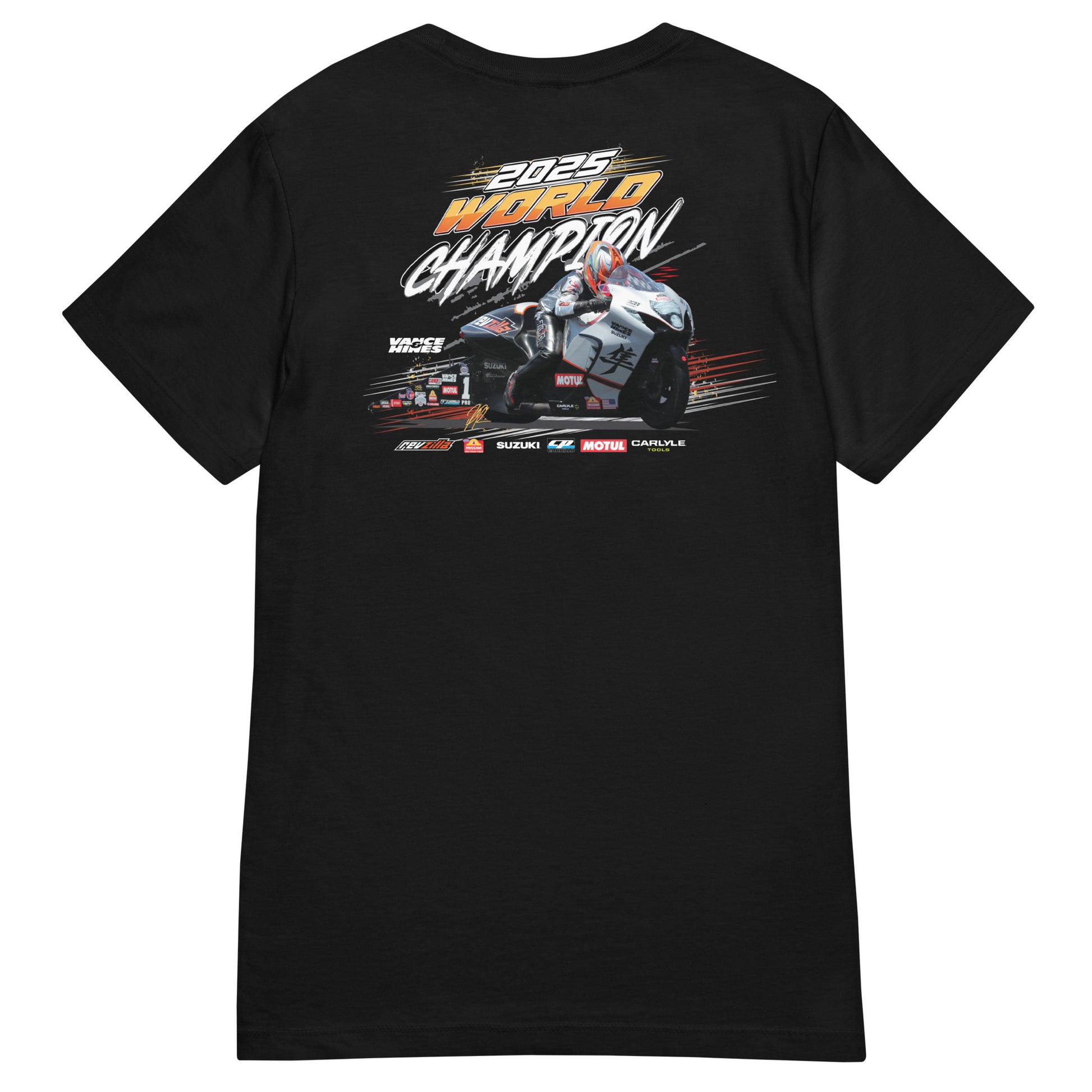 Women’s black T-shirt with large motorsport championship graphic on chest
