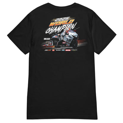 Women’s black T-shirt with large motorsport championship graphic on chest