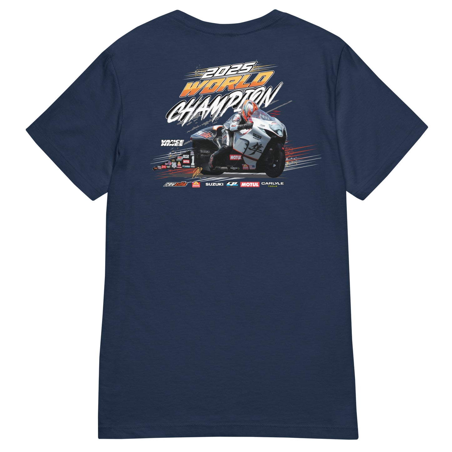 Women’s navy T-shirt with large motorsport championship graphic on chest